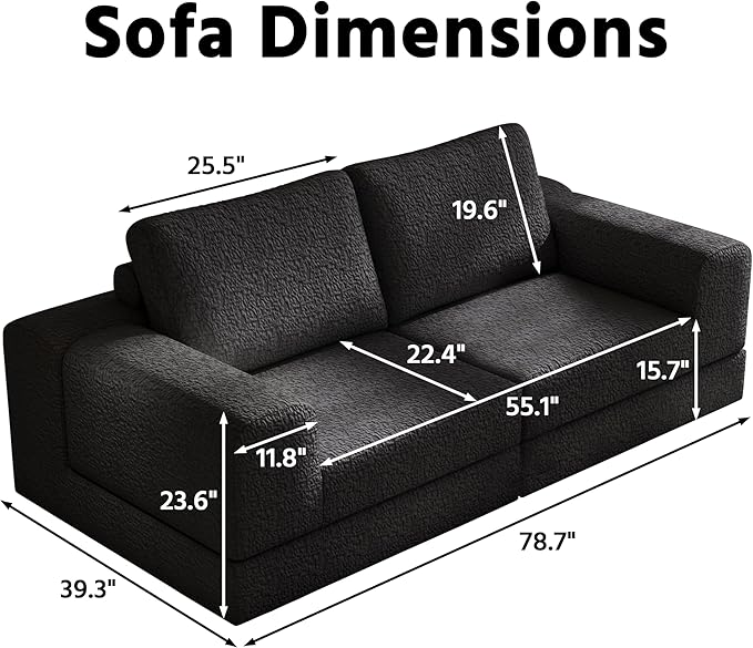 Cloud Modular Sectional Sofa, DIY Combination Modular Couch for Living Room, Unique Knitted Fabric Love Seat Couches with 2 Pillows, 2 Seater Comfy Sectional Couch with No Assembly (Black)