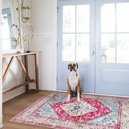 Lahome Boho Round Rug - 6Ft Washable Area Rug, Non-Slip Small Bathroom Rug, Lightweight Bedroom Throw, Oriental Distressed Print Carpet for Entryway, Sofa, Nursery, Kids Room