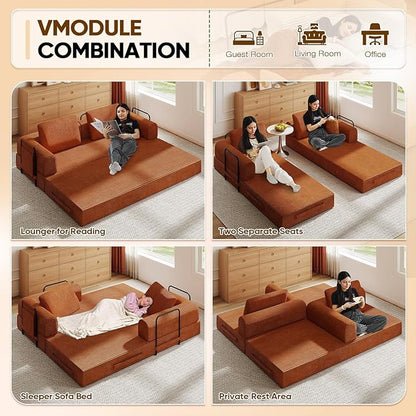 Antetek Convertible Sofa Bed, Comfy Corduroy Fluffy Love seat Sleeper Sofa, 5 in 1 Folding Couch Bed, Fold Out Floor Couch with Pillows for Bedroom, Living Room, Office, Pinstripe, Orange