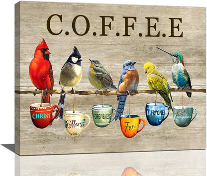 Rustic Bird Coffee Wall Art Kitchen Christ Coffee Pictures Wall Decor Farmhouse Cardinal Hummingbird Canvas Print Painting Artwork for Coffee Bar Living Room Bedroom 16"x20"