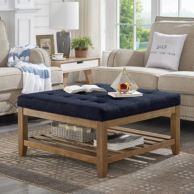 24KF Large Square Upholstered Tufted Linen Ottoman, Large Footrest Ottoman with Solid Wood Shelf- Navy Blue