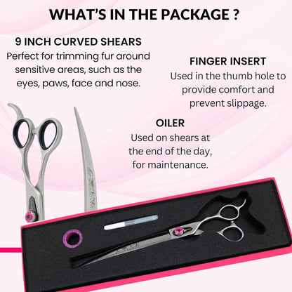 Kenchii Love Left Handed Dog Grooming Scissors, 9 Inch Curved Shears, Dog Scissors for Grooming, Professional Pet Grooming Scissors, Ergonomic & Comfortable