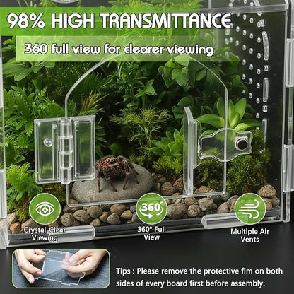 Acrylic Jumping Spider Enclosure (5.9" x 4.7" x 5.5") - Magnetic Door & Handle Terrarium for Tarantulas, Reptiles, Amphibians & Insects - All-Round Transparent, Easy Assembly & Feeding