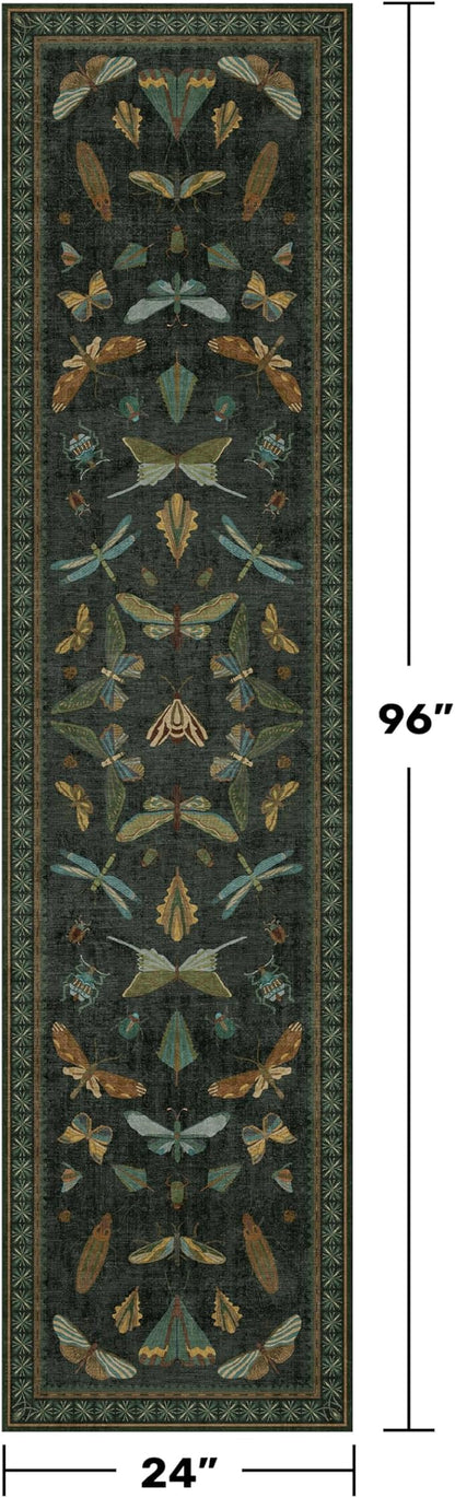 Washable Insect 2x8 Long Runner Rug for Hallway - Stain Resistant Kitchen Rug Non Slip, Indoor Floor Mats for Entryway with Nature Butterfly Design, Low Pile & Soft (Dark Green)