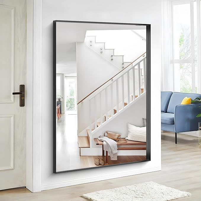 Black Bathroom Mirror, 42x42 Inch Rectangular Framed Mirror, Large Wall Mounted