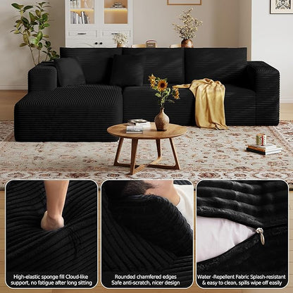 108'' Modular Sectional L-Shaped with Chair,Deep Seat Boneless Corner Couch for Living Room,Plush Corduroy Couch with Detachable Sofa Set,No Assembly(Left Facing Chaise，Black)