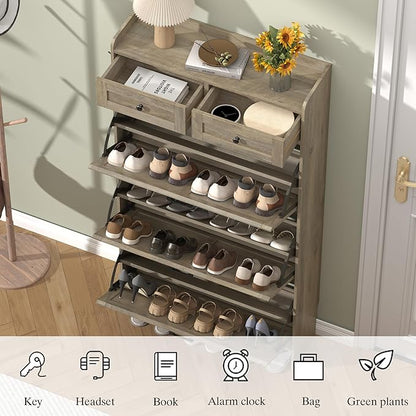 Shoe Cabinet with 3 Flip Drawers & 2 Storage Drawers, Rustic Farmhouse Narrow