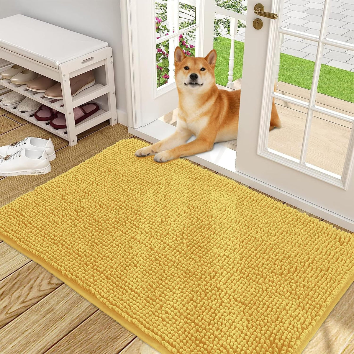 OLANLY Dog Door Mat for Muddy Paws 48x30, Absorbs Moisture and Dirt, Absorbent Non-Slip Washable Doormat, Quick Dry Chenille Mud Mat for Dogs, Entry Indoor Entryway Carpet for Inside Floor, Yellow