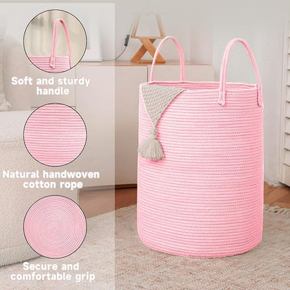 Large Woven Laundry Basket Hamper,80L Cotton Rope Storage Bin for Blankets,Toys and Clothes,Decorative Tall Nursery Hamper for Living Room,Baby Nursery,Bathroom and Bedroom,Pink