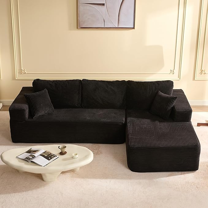 107" Boneless Couch with Deep Seat, Modular Sectional Sofa, Cloud Sectional Couch for Living Room, No Assembly Required, Corduroy, L-Shape Right?Black