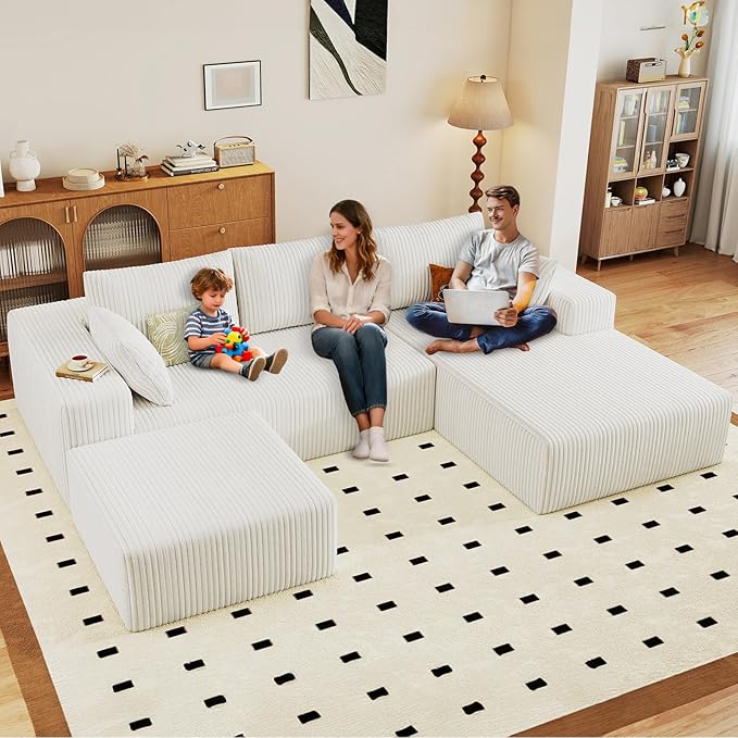 96" U-Shape Cloud Couch, Modern Modular Sectional L-Shape Sofa with Ottoman, Corduroy Upholstered Couches Deep Seat Sleeper Chaise Longue for Living Room, No Assembly Required(White, Right Facing)