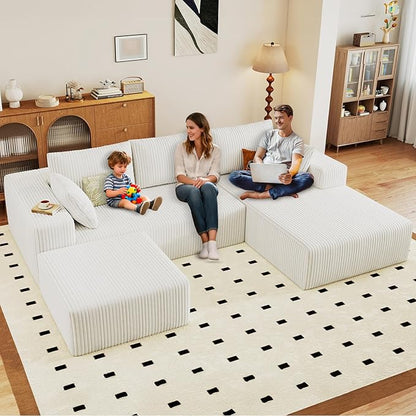 96" U-Shape Cloud Couch, Modern Modular Sectional L-Shape Sofa with Ottoman, Corduroy Upholstered Couches Deep Seat Sleeper Chaise Longue for Living Room, No Assembly Required(White, Right Facing)