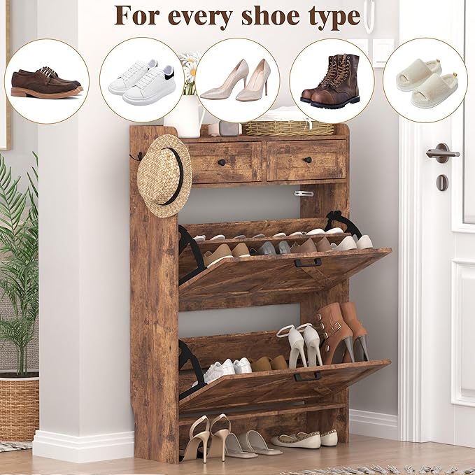 Shoe Cabinet with 2 Flip Drawers & 2 Storage Drawers, Rustic Farmhouse Narrow
