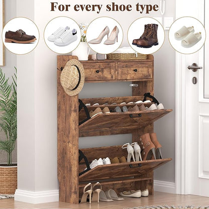 Shoe Cabinet with 2 Flip Drawers & 2 Storage Drawers, Rustic Farmhouse Narrow