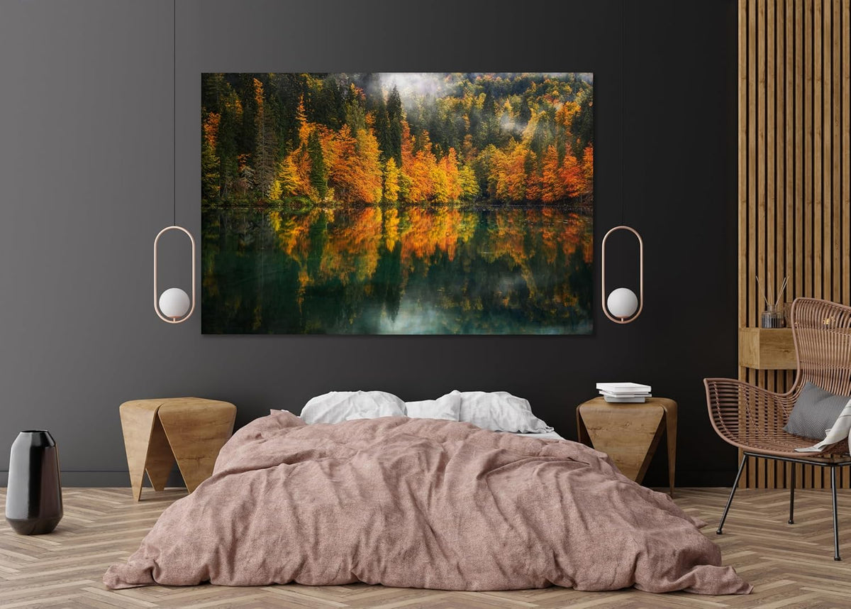 Nature Wall Art Prints - Ocean Forest Mountain Lake Canvas Landscapes - Small to Extra Large Living Room Bedroom Kitchen Bathroom Décor (Autumn by the Lake, 28L" x 41W")