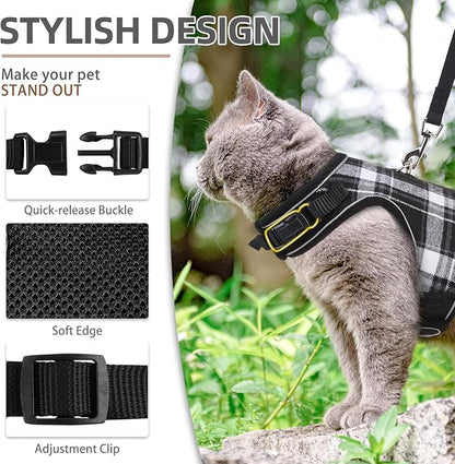 PUPTECK Soft Mesh Cat Vest Harness and Leash Set Puppy Padded Pet Harnesses Escape Proof for Cats Small Dogs Rabbits Bunny, Plaid Black, XL