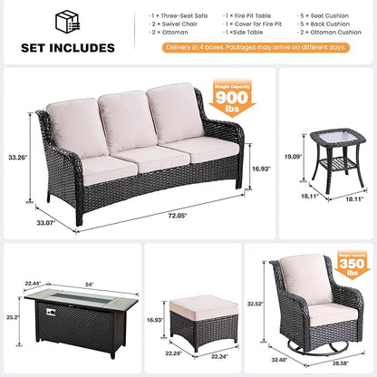ovios 7 Pieces Patio Furniture Set, Outdoor Wicker Sofa Couch with Swivel Chairs 54" Fire Pit Table, High Back Modern All Weather Conversation Sets, Brown Rattan, Beige