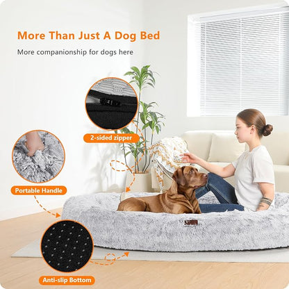 Human Dog Bed for Adult, Orthopedic Gel Memory Foam, 71"x47"x9" | Human Dog Bed Fits Adult & Pets, Reversible Egg-Crate Foam Cushion, Washable Pet Bed with Blanket, Ombre Grey