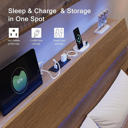 Full Size Bed with Charging Station, Floating LED Bed Frame with Wood Storage headboard, Heavy Duty Metal Slats, No Box Spring Needed, Noise Free, Easy Assembly, Walnut