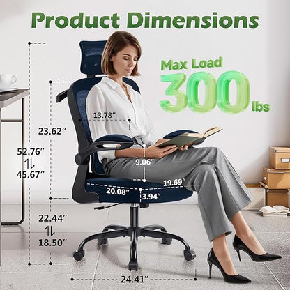 AreShark Office Chair Ergonomic Desk Chairs with Adjustable Lumbar Support& Headrest Hanger, High Back Breathable Mesh Chair with Wheels, Rolling Swivel Comfy Task Computer Chair for Home Work Gaming