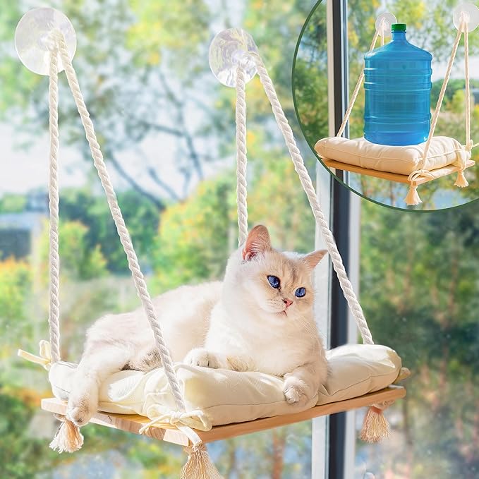 Cat Window Perch - Hammock Bed for Cats Inside - Solid Wood Seat, 4 Strong Suction Cups, Soft Cushion - Rustic Indoor Pet Shelf