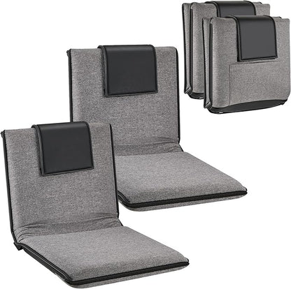 2 Pcs Adjustable Floor Chair with Back Support, Padded Seat, Portable, Meditation Cushion, Fully Folding Backrest for Adult, Kid, Gaming - Linen Washable Cover, Nylon Bottom (Gray, Black)