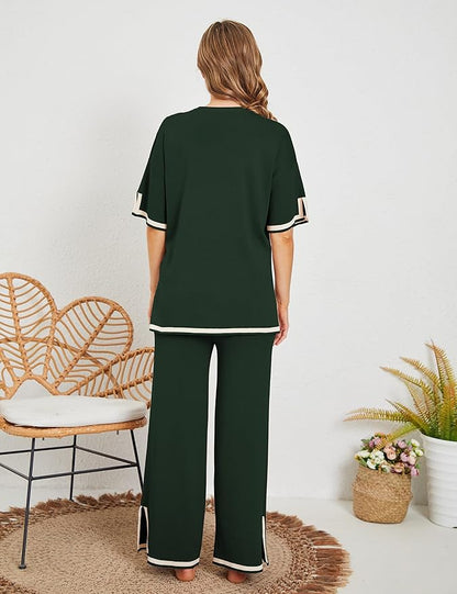 Faleave Womens Knit 2 Piece Sweater Sets Short Sleeve Pullover Tops Elastic Waist Wide Leg Pants Lounge Set