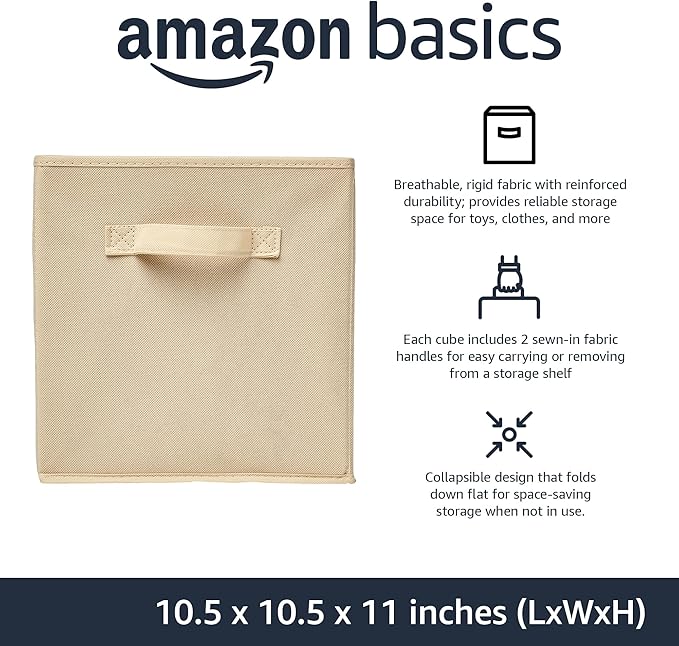 Amazon Basics Collapsible Fabric Storage Cubes Organizer with Handles, Sturdy, Beige, 10.5-x-10.5-x-11-inch, Pack of 6