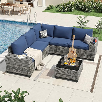 Aoxun 6 Pieces Patio Furniture Set Wicker Rattan Outdoor Sectional Conversation Set with Coffee Table and 4” Thickened Cushions, Gray Blue(Waterproof Cover Included)