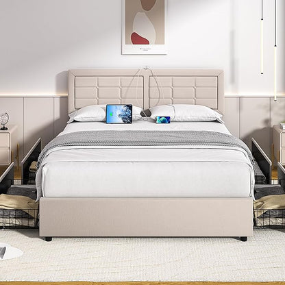 VECELO Full Size Bed Frame with 4 Drawers, Adjustable Tufted Button Headboard, Upholstered Platform with Wood Slats Support, Built-in USB and Type C Ports, Beige