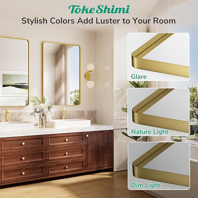 TokeShimi 72x36 Brushed Gold Bathroom Mirror, Tempered Glass, Bathroom Wall