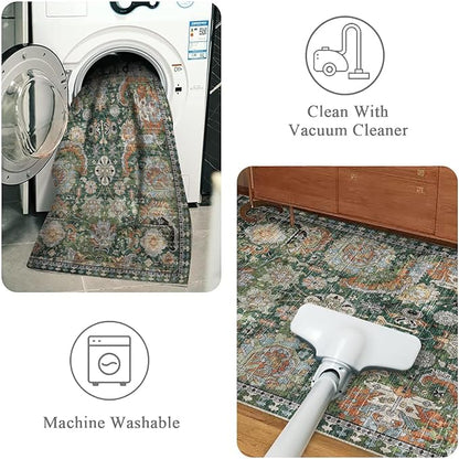 RUGSURE Washable Area Rugs - Perfect for Living Room, Bedroom, Kids Room, Nursery - Stain & Water Resistant Non-Slip, Pet & Child Friendly, Vintage Tribal Area Rugs (Green, 4' x 6')