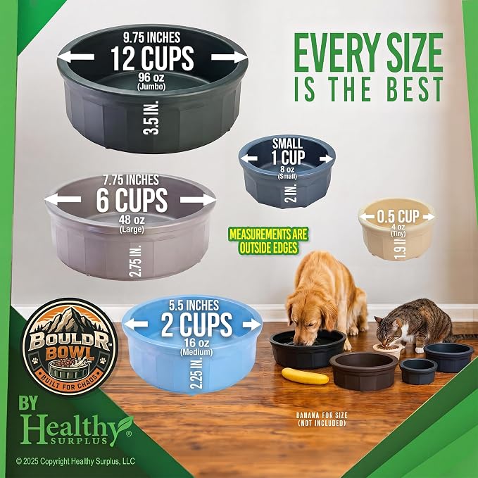 Pet Crock Bowl - 2 Pack – Thick Durable Plastic (Blue, 96oz Jumbo) Non-Tip Food & Water Dish for Dogs, Cats - Indoor/Outdoor - Chew Resistant, Easy Clean BouldrBowl from Healthy Surplus®