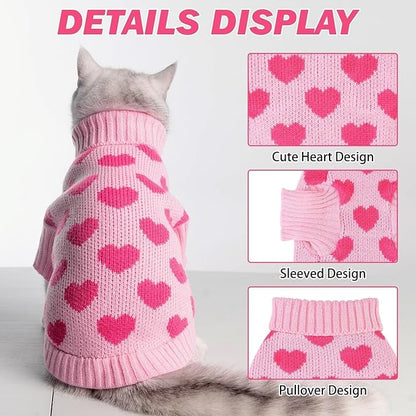 KOOLTAIL Cat Sweater Turtleneck- Soft Pink Knit Cat Sweaters for Cats Only, Heart Love Pattern Thick Warm Cold Weather Clothes, Valentine's Day Pet Outfit for Small Medium Size Kitten Puppy Girls S
