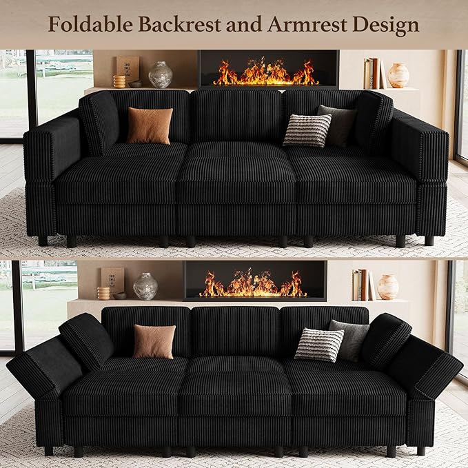Modular Sectional Sofa 6 Seat Corduroy Sectional Sofa with Storage Ottoman, Comfy Modular Couch Sleeper Sofa Bed, Sectional Couches for Living Room, Black