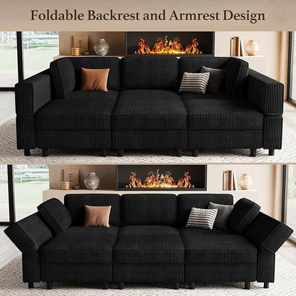 Modular Sectional Sofa 6 Seat Corduroy Sectional Sofa with Storage Ottoman, Comfy Modular Couch Sleeper Sofa Bed, Sectional Couches for Living Room, Black