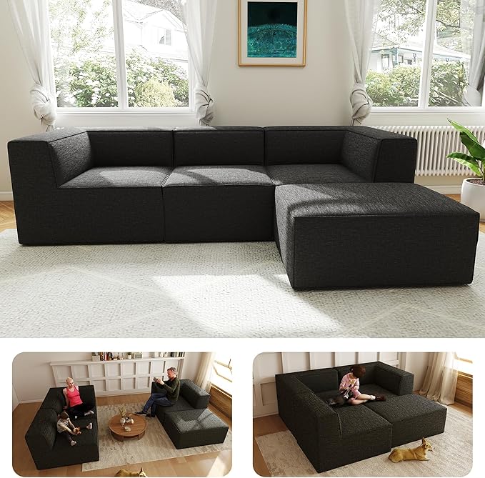 106" Sectional Compressed Sofa Modular Couches L-Shape with Chaise,High-Density Foam No Assembly Required,4-Piece(2xCorner 1xArmless 1xOttoman) for Living Room Chenille Dark Grey