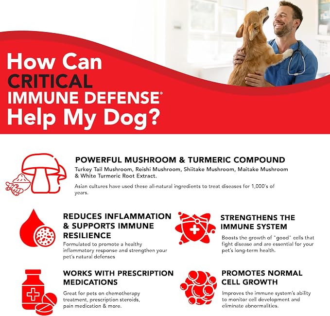 Critical Immune Defense for Dogs & Cats; Supports Normal Cell Growth - Turkey Tail, Reishi, Shiitake and Maitake Mushroom Formula with Patented White Turmeric Root Extract - 30-Day Supply