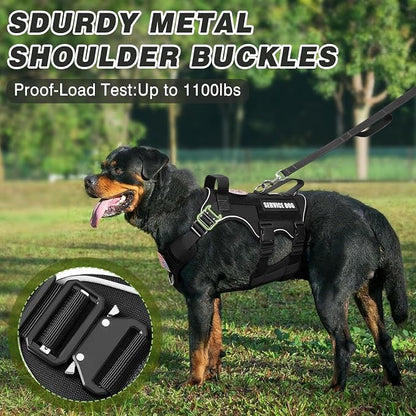 Tactical Service Dog Vest and Leash Set,Heavy Duty Harness with Metal Buckles for Large Dogs,Adjustable No Pull Pet Vest with 10 Patches,for Training Working Hiking,Black XL