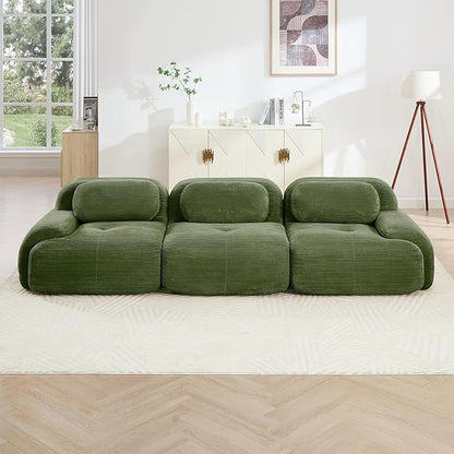 116" Modern Corduroy Cloud Sofa, Boneless Modular Large Sectional Couches for Living Room, Green 3 Seater Compressed Memory Foam Couch, Extra Deep Seat, No Assembly