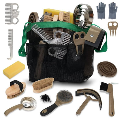 Horse Grooming Kit 14 Pieces, Horse Brushes for Grooming Supplies Set | Includes Curry Comb, Hoof Pick, Gloves & Mane Tools Durable Grooming Set for Bathing, Shedding and Daily Horse Care