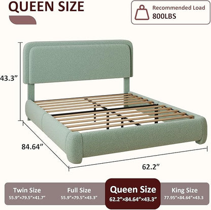 Queen Boucle Platform Bed Frame with Height Adjustable Headboard, Modern Upholstered Cloud Bed, Sleek Curved Design, No Box Spring Needed, Easy Assembly, Noise Free, Green