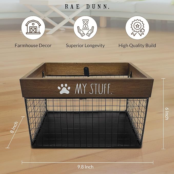 Rae Dunn Pet Toy Basket - Metal & Wood Dog & Cat Toy Storage Bin - Organizer for Leash, Blanket, Treats, Food & Accessories - Container Baskets, 9.75" x 8" x 6"