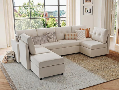 LINSY HOME Modular Sectional Sofa Oversized, Removable Cover Living Room Couches with Storage Deep Seat & Ottoman Chaise L/U Shaped Sofa Modern Couch (Beige, 6 Seats & 1 Ottoman)