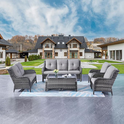Rilyson Outdoor Patio Furniture Sofa Set - 7 PC Rattan Wicker Patio Sectional Conversation Sets with Sofa,Loveseat,Coffee Table,Armrest Chairs and Ottomans for Porch Deck Garden(Mixed Grey/Grey)