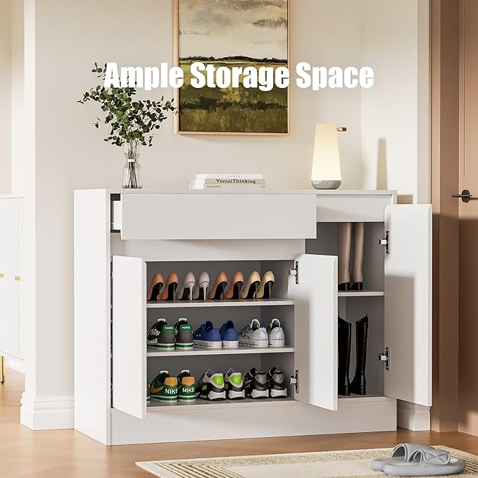 Shoe Cabinet Storage with 3 Doors, Freestanding Shoe Cabinet with Drawer &
