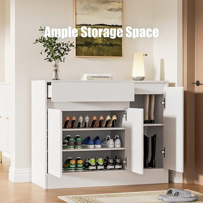 Shoe Cabinet Storage with 3 Doors, Freestanding Shoe Cabinet with Drawer &