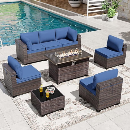 Gotland 8 Pieces Patio Furniture Set with Fire Pit Table, All Weather Rattan Outdoor Furniture with 29.5'' High Backrest 4’’ Thick Cushions Coffee Table, Outdoor Sectional for Porch, Deck, Navy