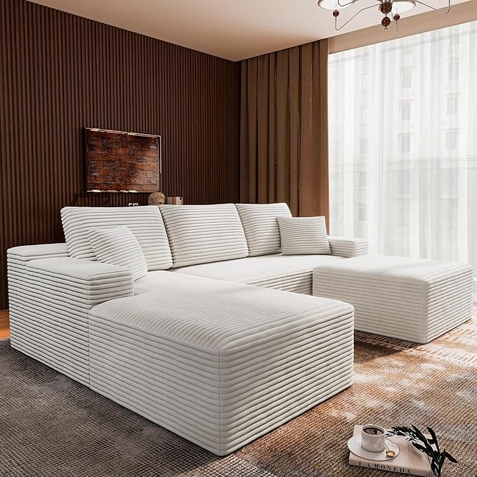3-Piece Boneless Modular Sectional Sofa, Cloud Couch, Left Facing Chaise with Ottoman, Oversized Deep Seat, Soft Corduroy Fabric, Sectional Couch for Living Room-White