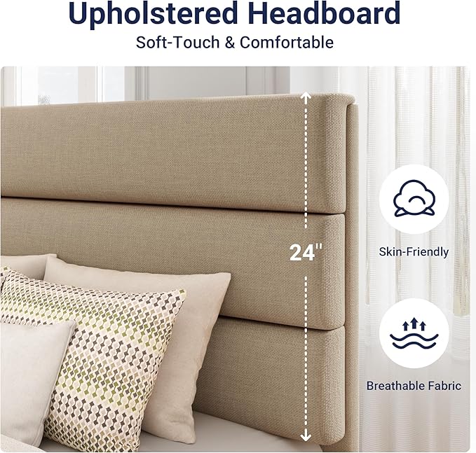 Allewie Twin Size Platform Bed Frame with Fabric Upholstered Headboard and Wooden Slats Support, Fully Upholstered Mattress Foundation/No Box Spring Needed/Easy Assembly, Beige